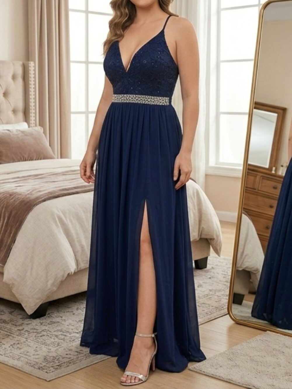 Navy Lace & Beaded Sequin Waist Evening Gown Prom Dress